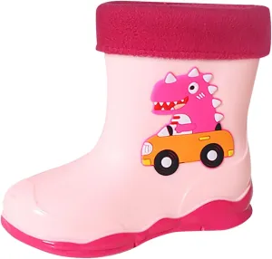 Toddler Boys Girls Dinosaur Rainboots with Fleece ??ining Kids Winter Lightweight Waterproof Rubber Fall Boots for Boys
