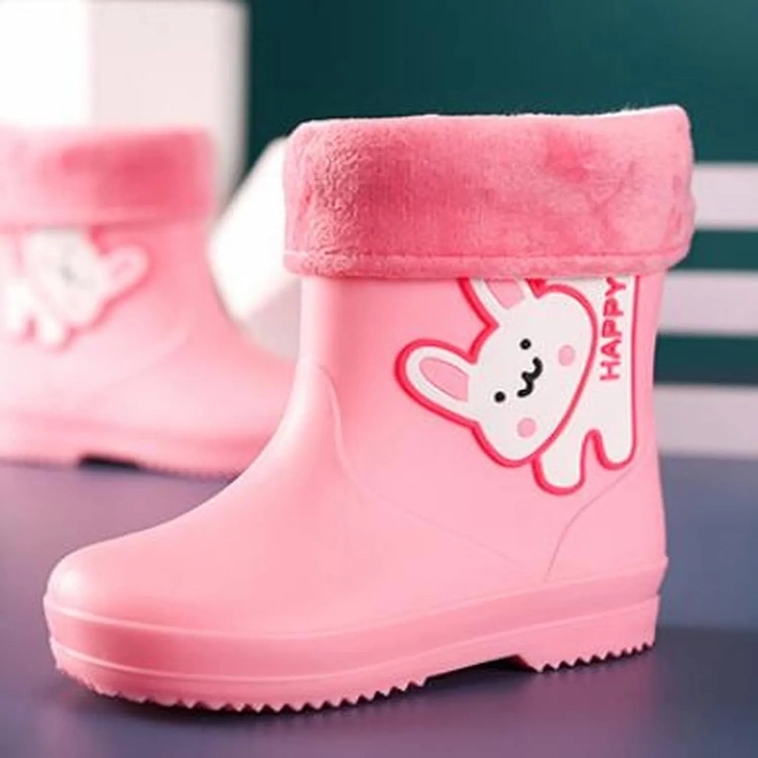 Toddler Girls Bunny Rainboots with Fleece Lined Infant Kids Lightweight Non Slip Waterproof Rubber Mud Boots Baby