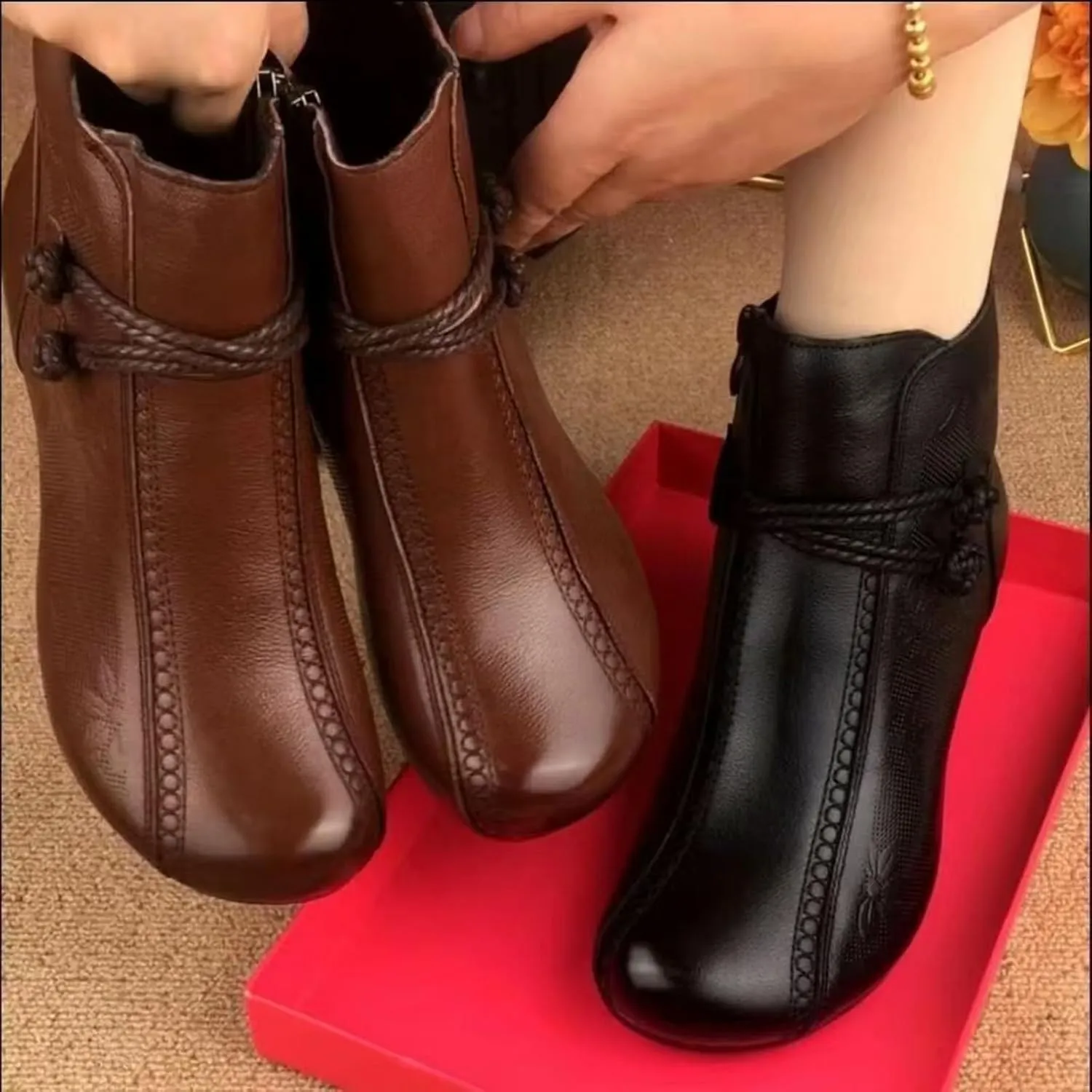 Winter Boots for Women Comfortable Side Zipper Mid Chunky Heel Suede Warm Snow Ankle Boot Outdoor Party Shoes
