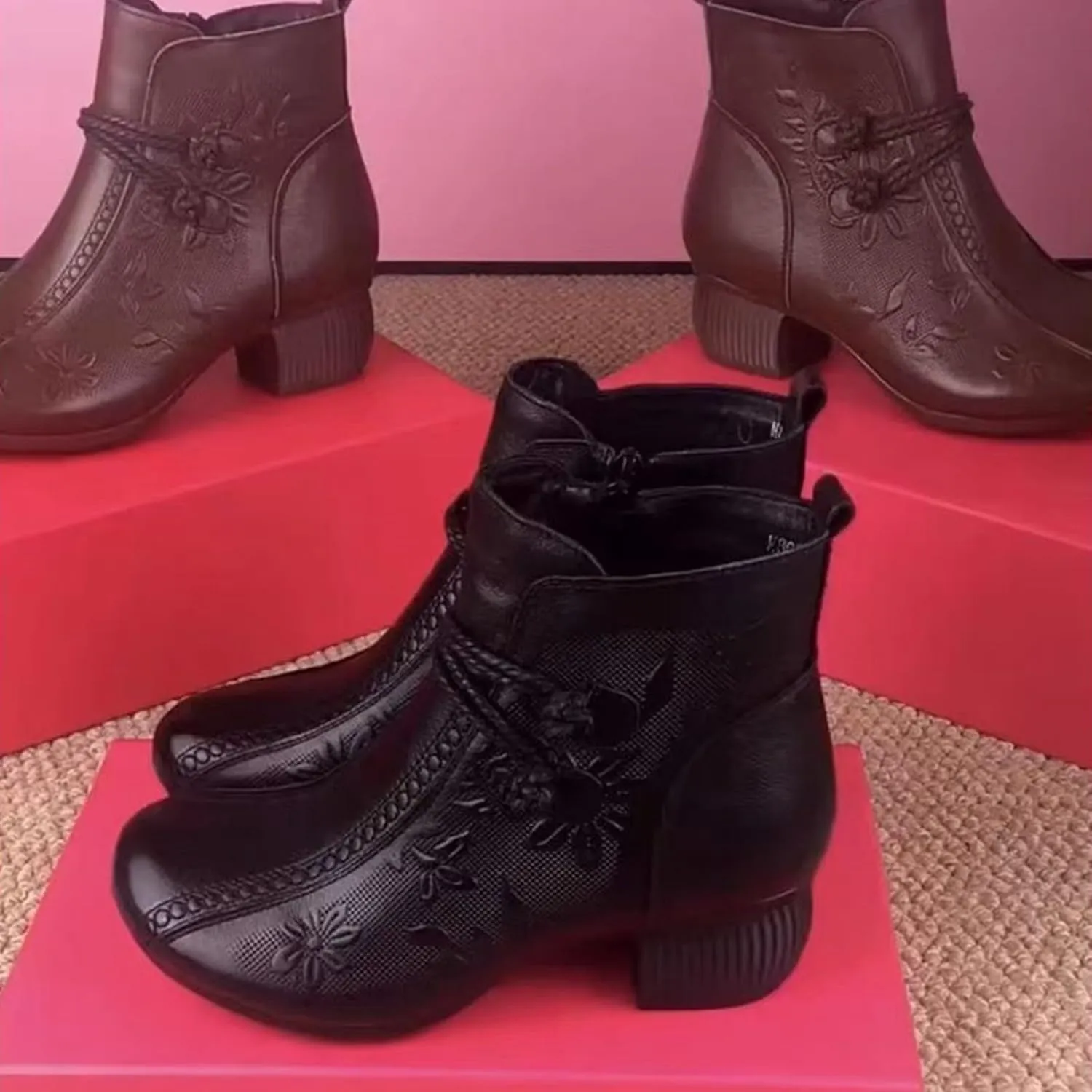 Winter Boots for Women Comfortable Side Zipper Mid Chunky Heel Suede Warm Snow Ankle Boot Outdoor Party Shoes