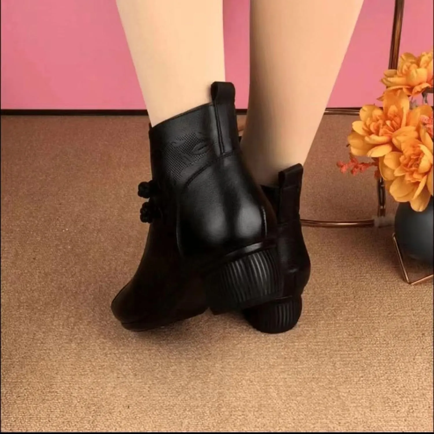 Winter Boots for Women Comfortable Side Zipper Mid Chunky Heel Suede Warm Snow Ankle Boot Outdoor Party Shoes