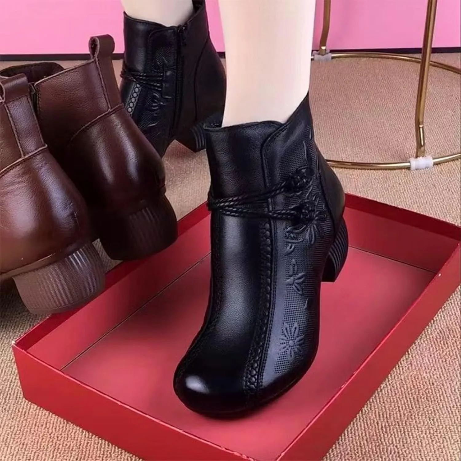 Winter Boots for Women Comfortable Side Zipper Mid Chunky Heel Suede Warm Snow Ankle Boot Outdoor Party Shoes