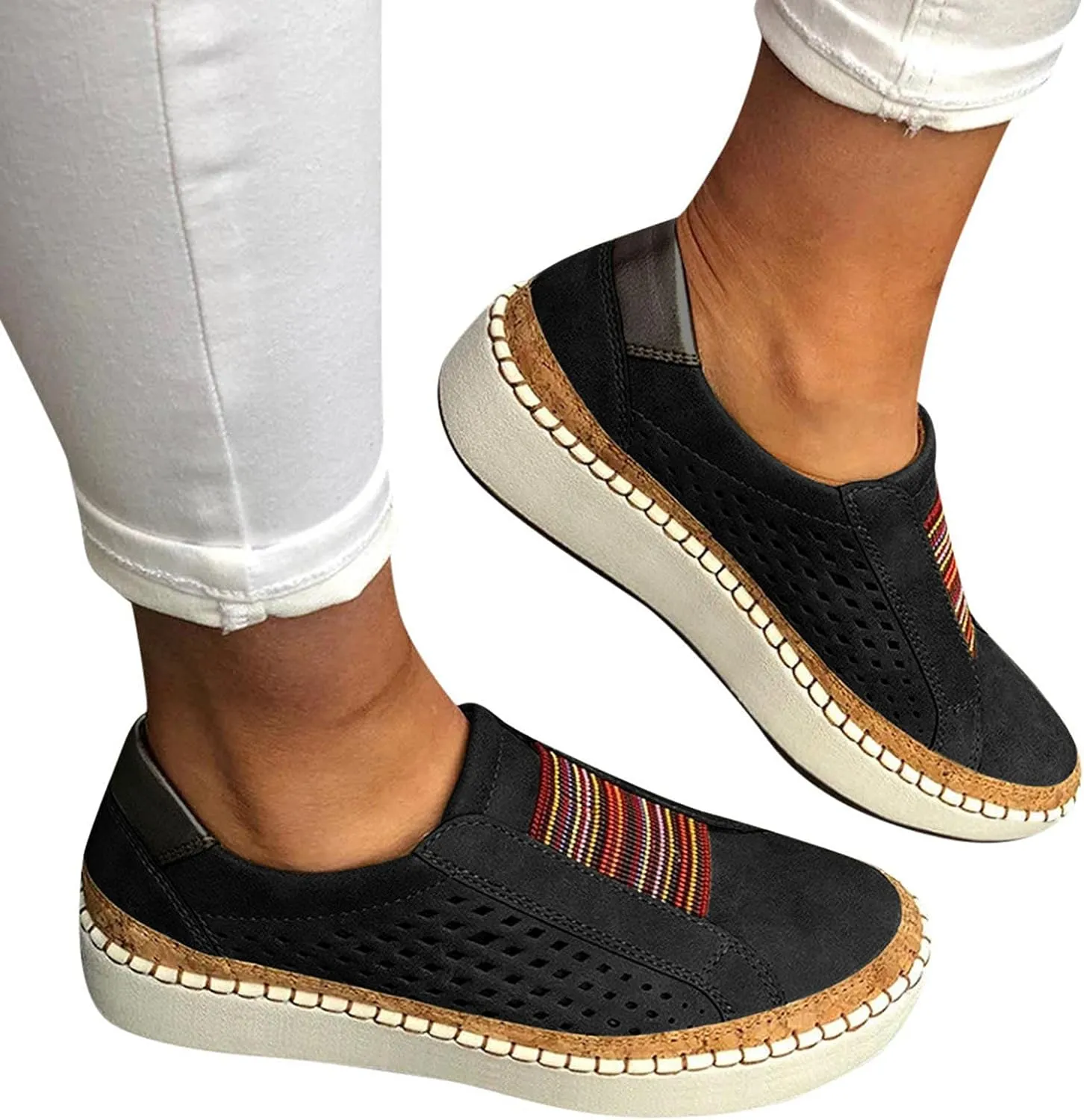 Women Vintage Slip On Shoes Casual Flat Sneakers Round Toe Thick-Sole Walking Shoes Lightweight Sneaker