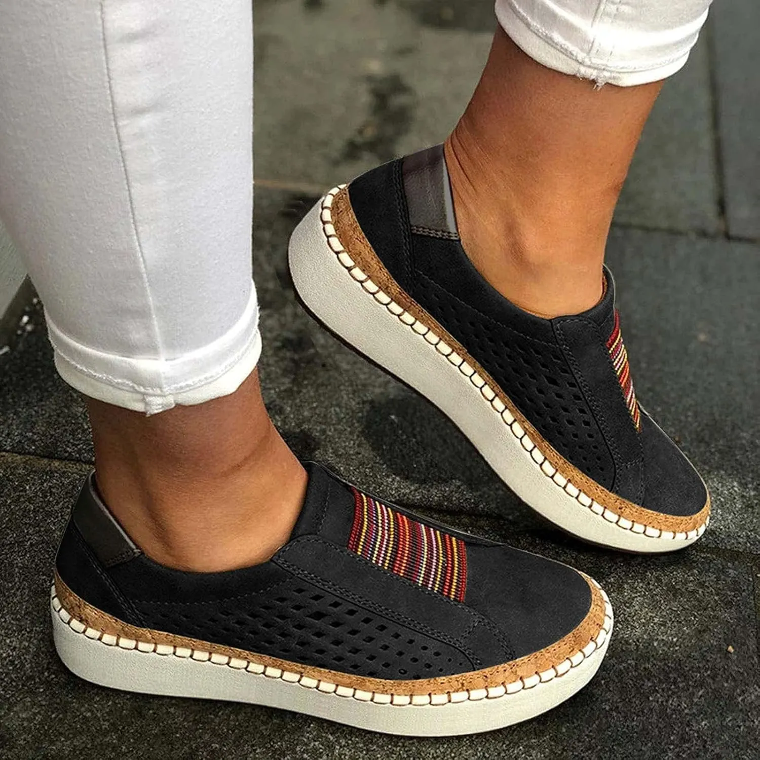Women Vintage Slip On Shoes Casual Flat Sneakers Round Toe Thick-Sole Walking Shoes Lightweight Sneaker