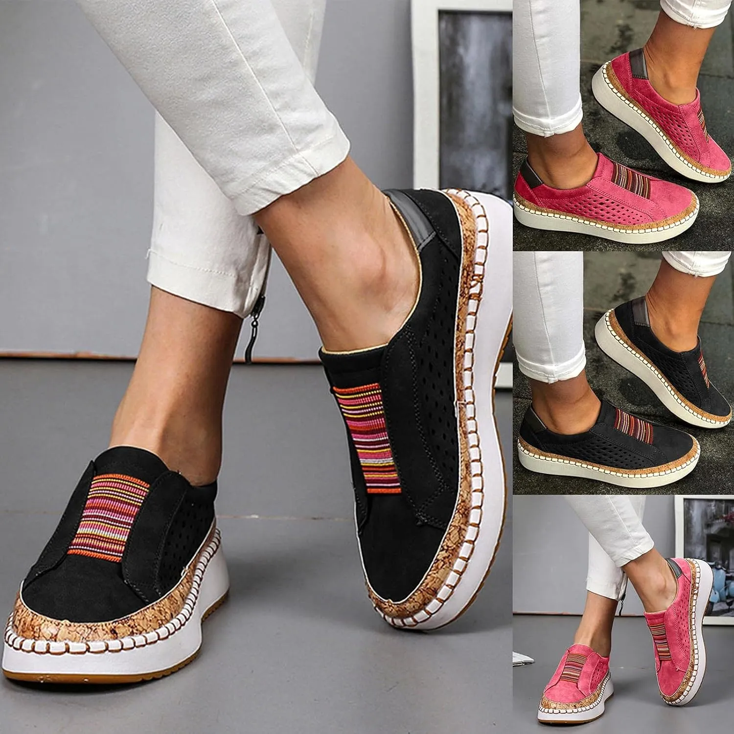 Women Vintage Slip On Shoes Casual Flat Sneakers Round Toe Thick-Sole Walking Shoes Lightweight Sneaker