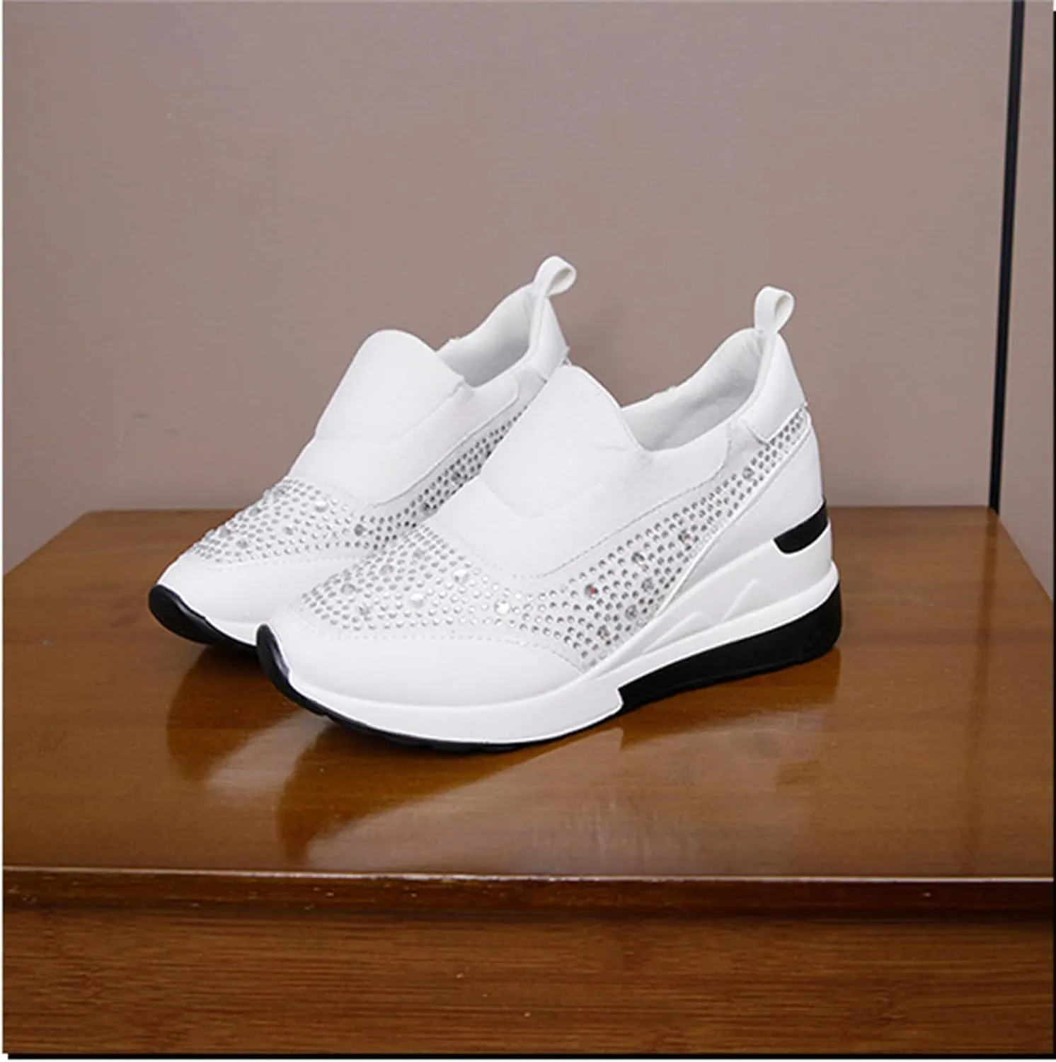 Women's Casual Shoes Fashion Rhinestones Platform Wedge Slip-on Sneakers Classic Comfort Low Top Walking Booties