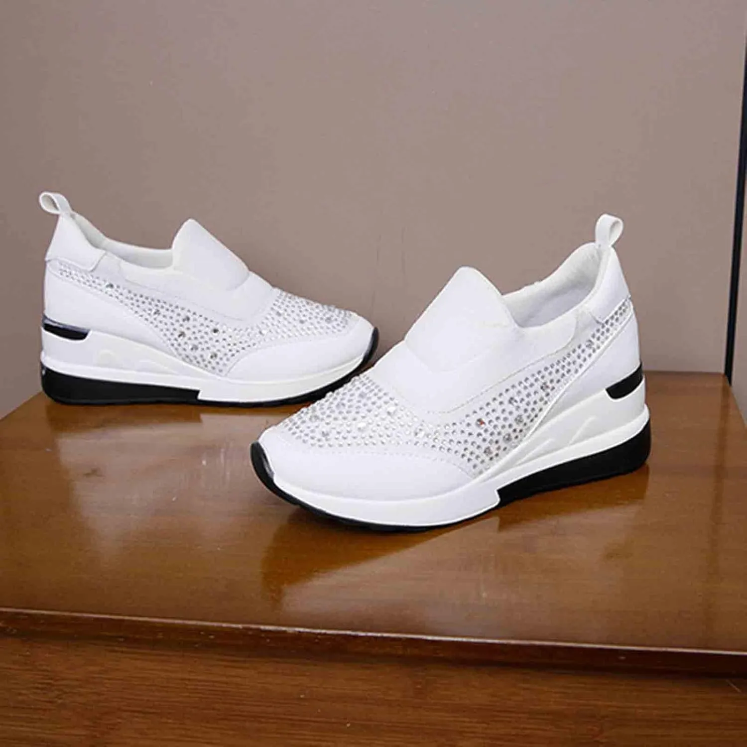 Women's Casual Shoes Fashion Rhinestones Platform Wedge Slip-on Sneakers Classic Comfort Low Top Walking Booties