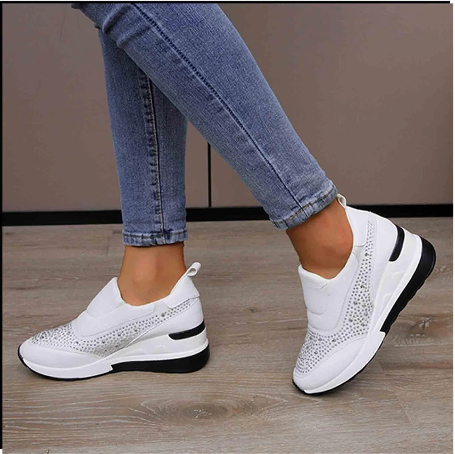 Women's Casual Shoes Fashion Rhinestones Platform Wedge Slip-on Sneakers Classic Comfort Low Top Walking Booties