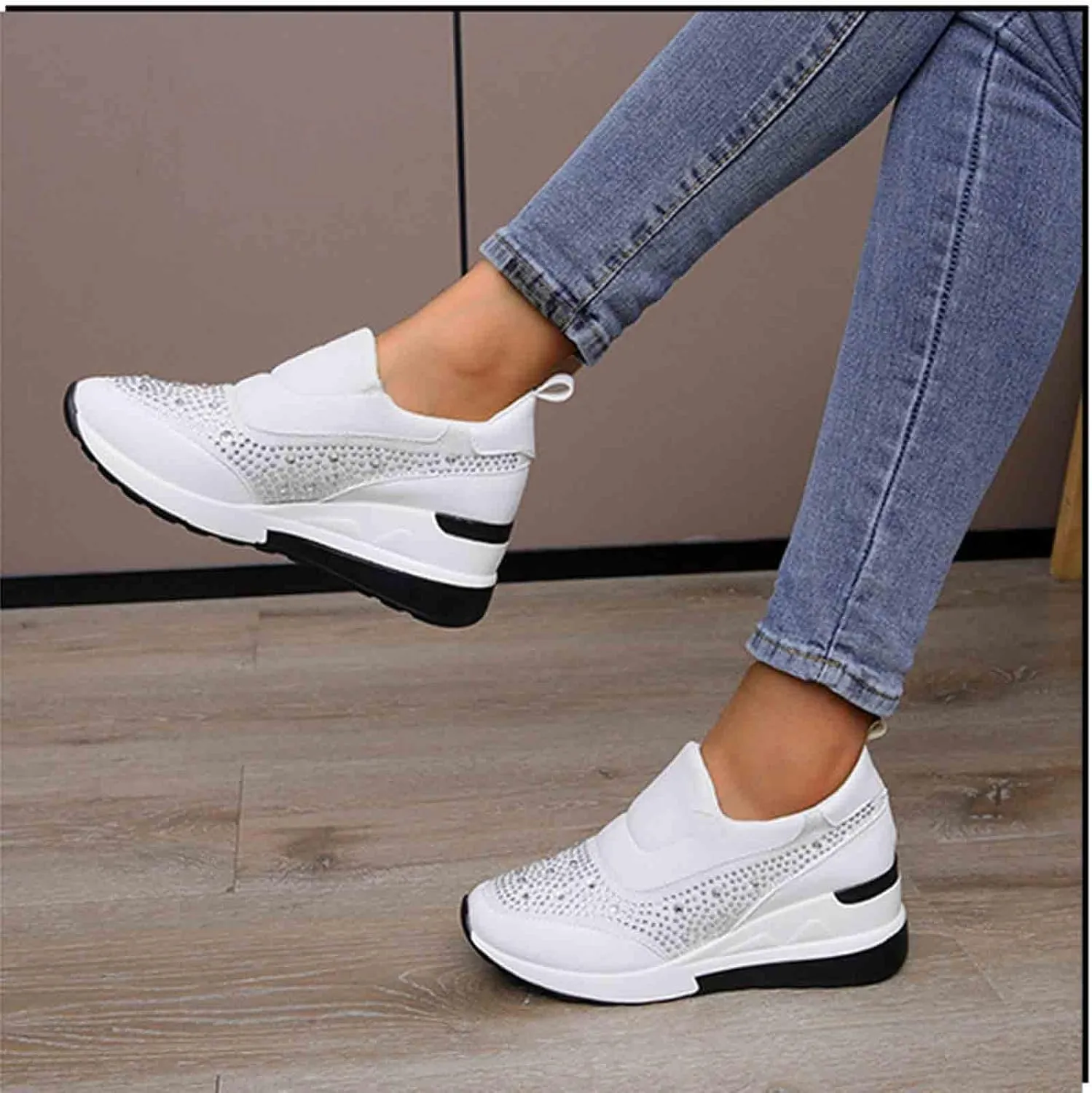 Women's Casual Shoes Fashion Rhinestones Platform Wedge Slip-on Sneakers Classic Comfort Low Top Walking Booties