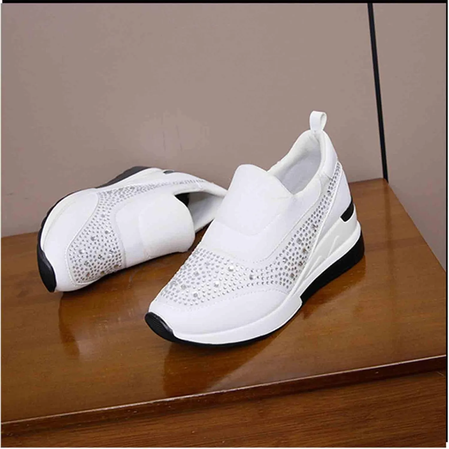 Women's Casual Shoes Fashion Rhinestones Platform Wedge Slip-on Sneakers Classic Comfort Low Top Walking Booties