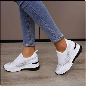 Women's Casual Shoes Fashion Rhinestones Platform Wedge Slip-on Sneakers Classic Comfort Low Top Walking Booties
