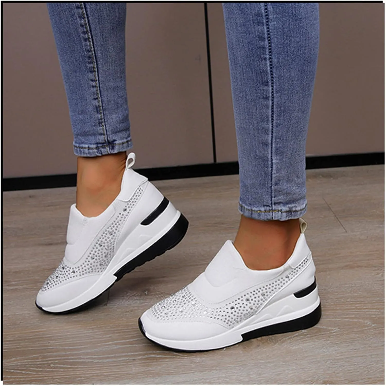 Women's Casual Shoes Fashion Rhinestones Platform Wedge Slip-on Sneakers Classic Comfort Low Top Walking Booties