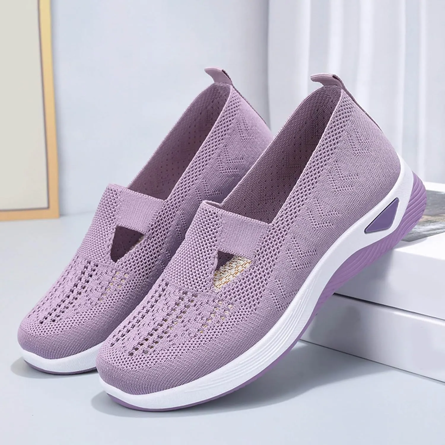 Womens Orthopedic Sneakers Comfortable Slip on Walking Shoes Non-Slip Woven Shoes Mesh Breathable Lightweight Arch Support Sneaker