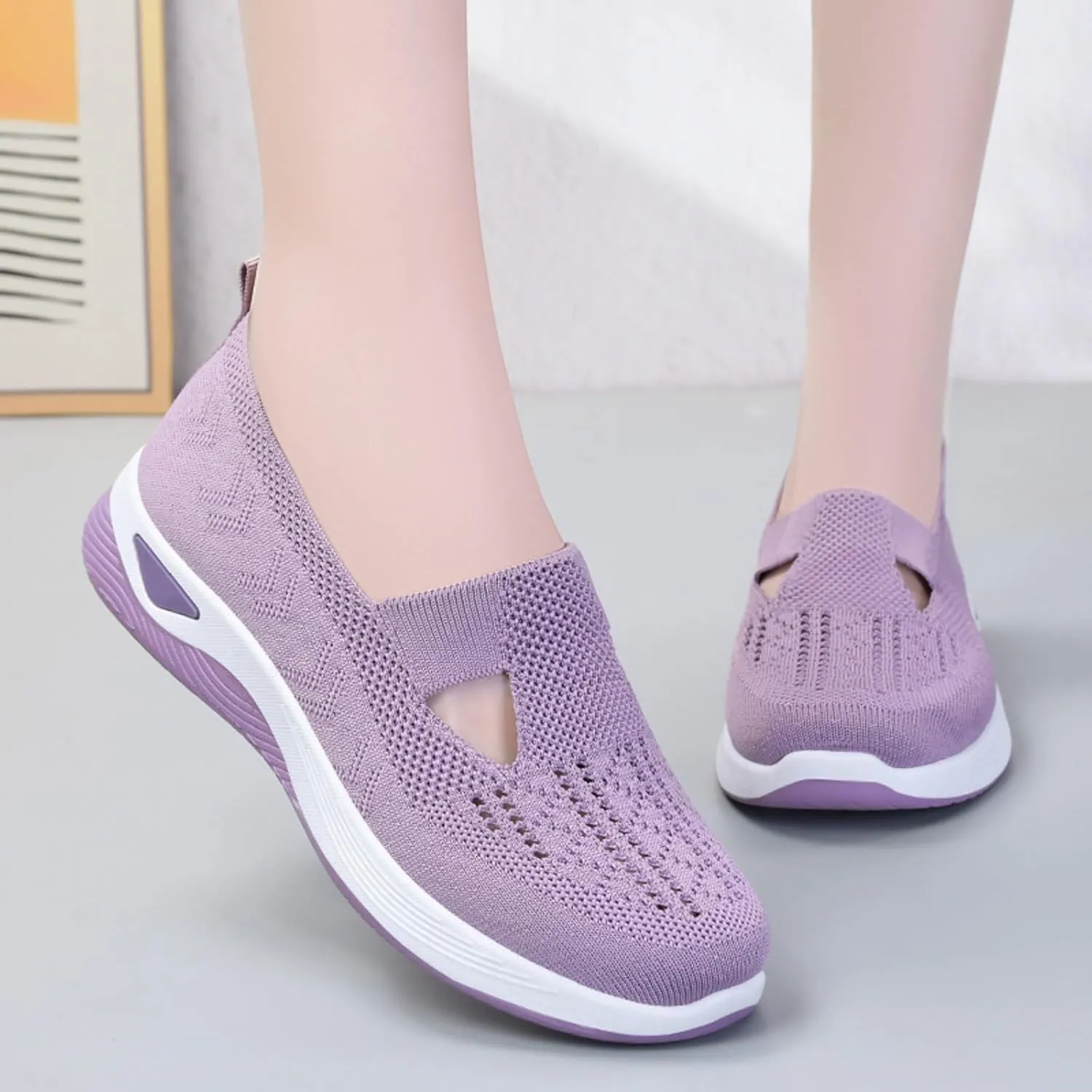 Womens Orthopedic Sneakers Comfortable Slip on Walking Shoes Non-Slip Woven Shoes Mesh Breathable Lightweight Arch Support Sneaker