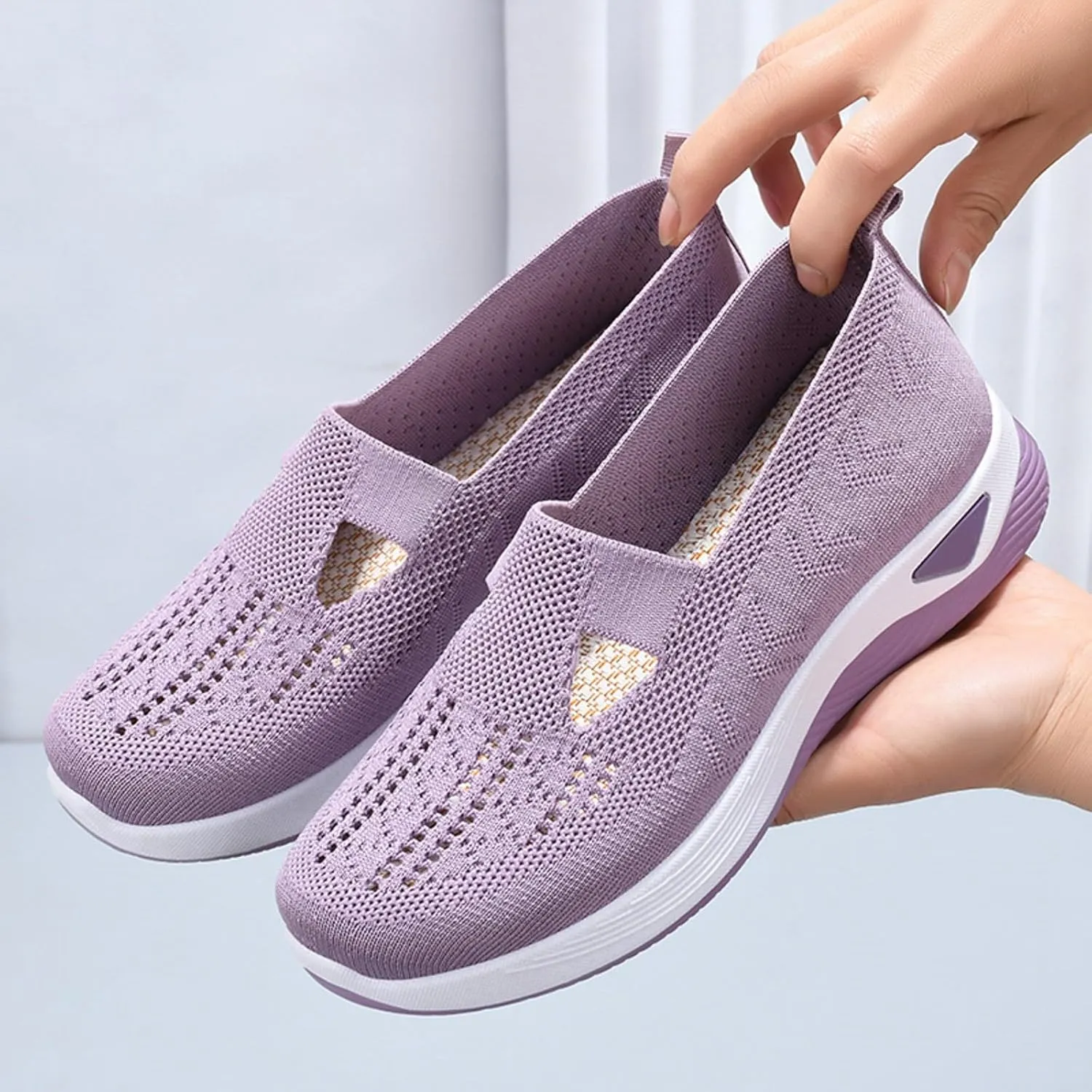 Womens Orthopedic Sneakers Comfortable Slip on Walking Shoes Non-Slip Woven Shoes Mesh Breathable Lightweight Arch Support Sneaker