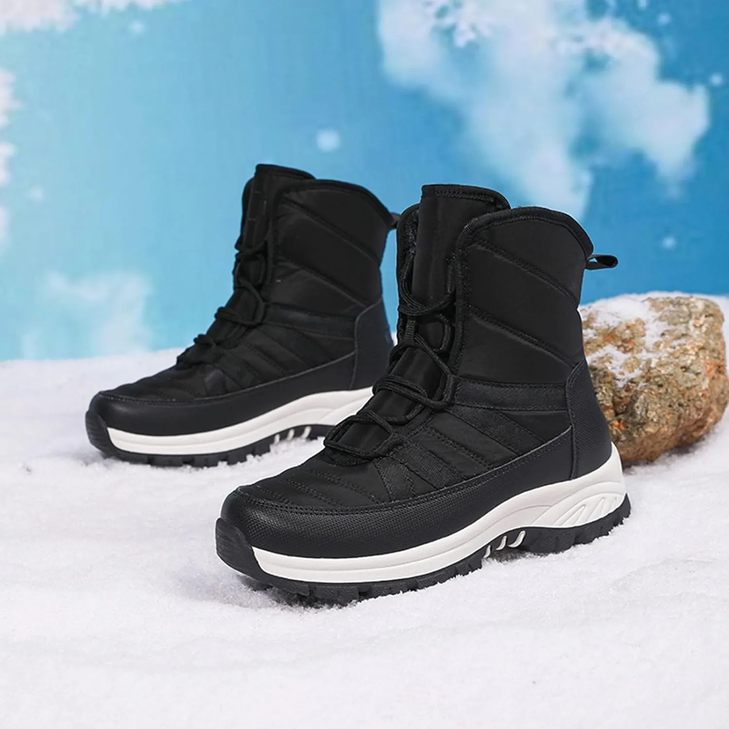 Womens Winter Snow Boots - Ankle Boots for Women Waterproof Walking Shoes Comfortable Hiking Tennis Booties Chunky Heel Lace Up Mid Calf Warm Lightweight Cold Weather Boots