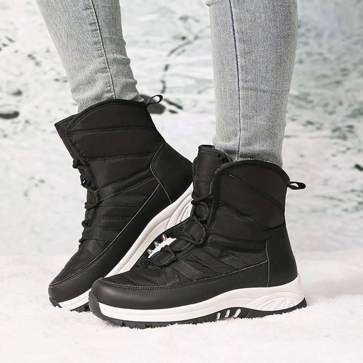 Womens Winter Snow Boots - Ankle Boots for Women Waterproof Walking Shoes Comfortable Hiking Tennis Booties Chunky Heel Lace Up Mid Calf Warm Lightweight Cold Weather Boots