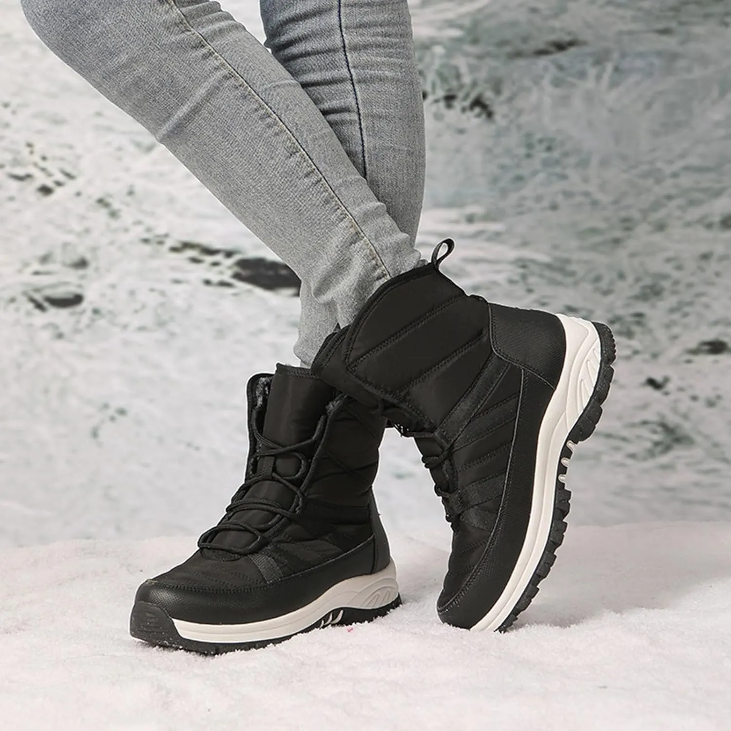 Womens Winter Snow Boots - Ankle Boots for Women Waterproof Walking Shoes Comfortable Hiking Tennis Booties Chunky Heel Lace Up Mid Calf Warm Lightweight Cold Weather Boots